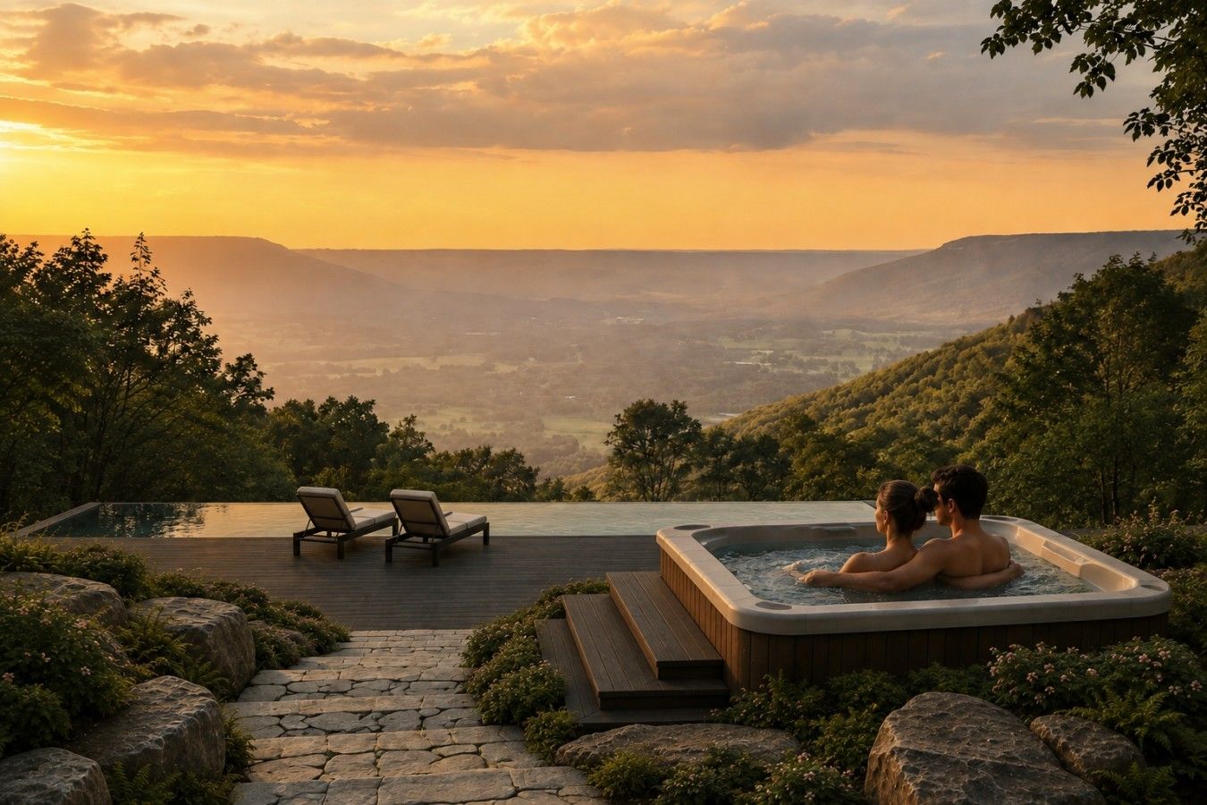 Un bain à remous pour deux personnes, avec vue sur une vallée au coucher du soleil.