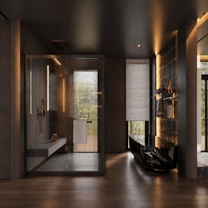 A modern bathroom with a glass shower enclosure, a built-in bench, and a large window. - Private 1BR Mountain Cabin with Hot Tub & Views (Menlo)