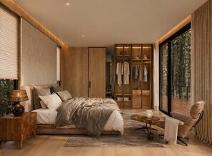 A modern bedroom with a large bed, a seating area, and a wardrobe. - Private 1BR Mountain Cabin with Hot Tub & Views (Menlo)