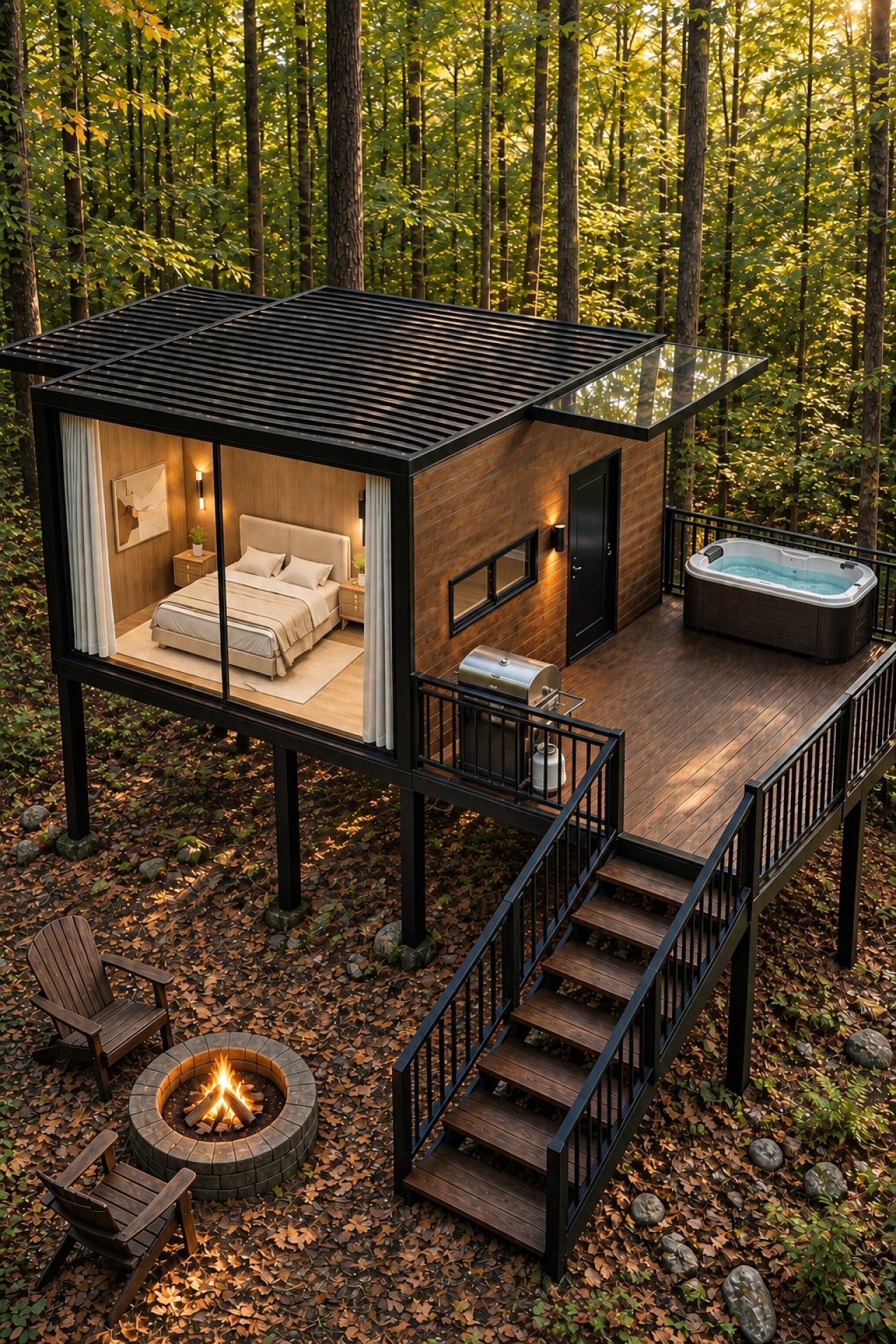 Une cabane moderne dotée d’une chambre avec baies vitrées, d’un jacuzzi et d’une terrasse.