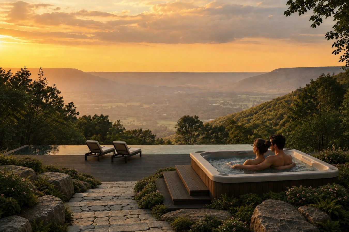 A hot tub with two people, overlooking a valley with a wooden deck and lounge chairs.