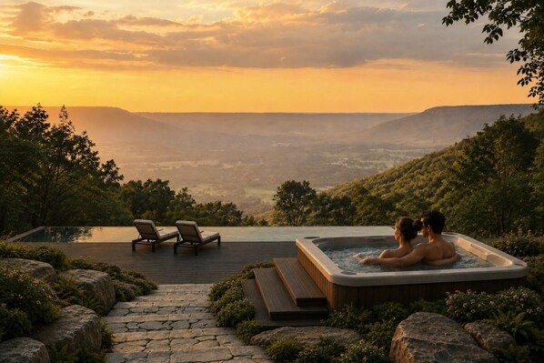 Un jacuzzi con dos personas, con vistas a un valle, una terraza de madera y sillones de descanso.