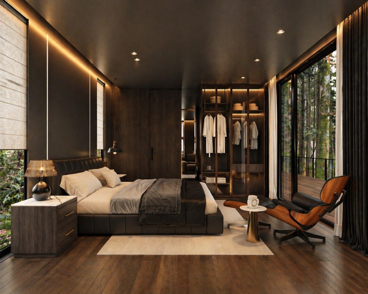 Un dormitorio moderno con una cama grande, un rincón de descanso, un armario y vistas al exterior.