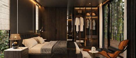 Un dormitorio moderno con una cama grande, un rincón de descanso, un armario y vistas al exterior.