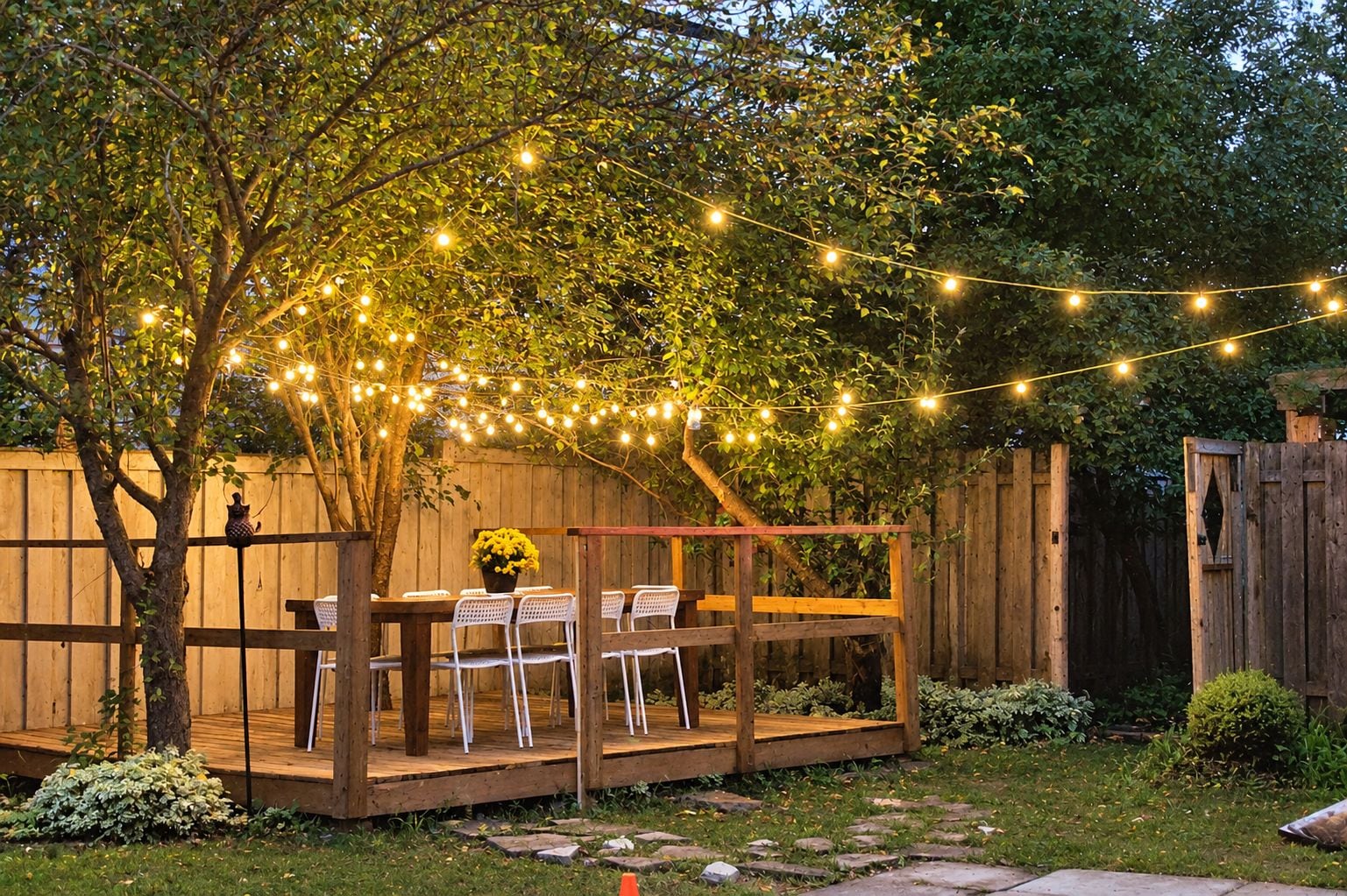 An outdoor patio with a wooden deck, white chairs, and string lights.