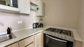 Cocina compacta con estufa a gas, horno y cafetera.