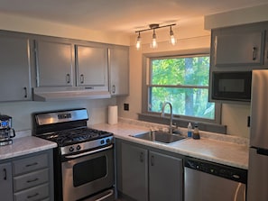 A modern kitchen with stainless steel appliances, a built-in oven, a dishwasher, and a window with a view of greenery. - Caberfae Cabin - 3BR Next to Caberfae Peaks Ski & Golf Resort (Cadillac)