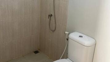 A bathroom with a toilet, a shower, and a wall-mounted toilet paper dispenser.