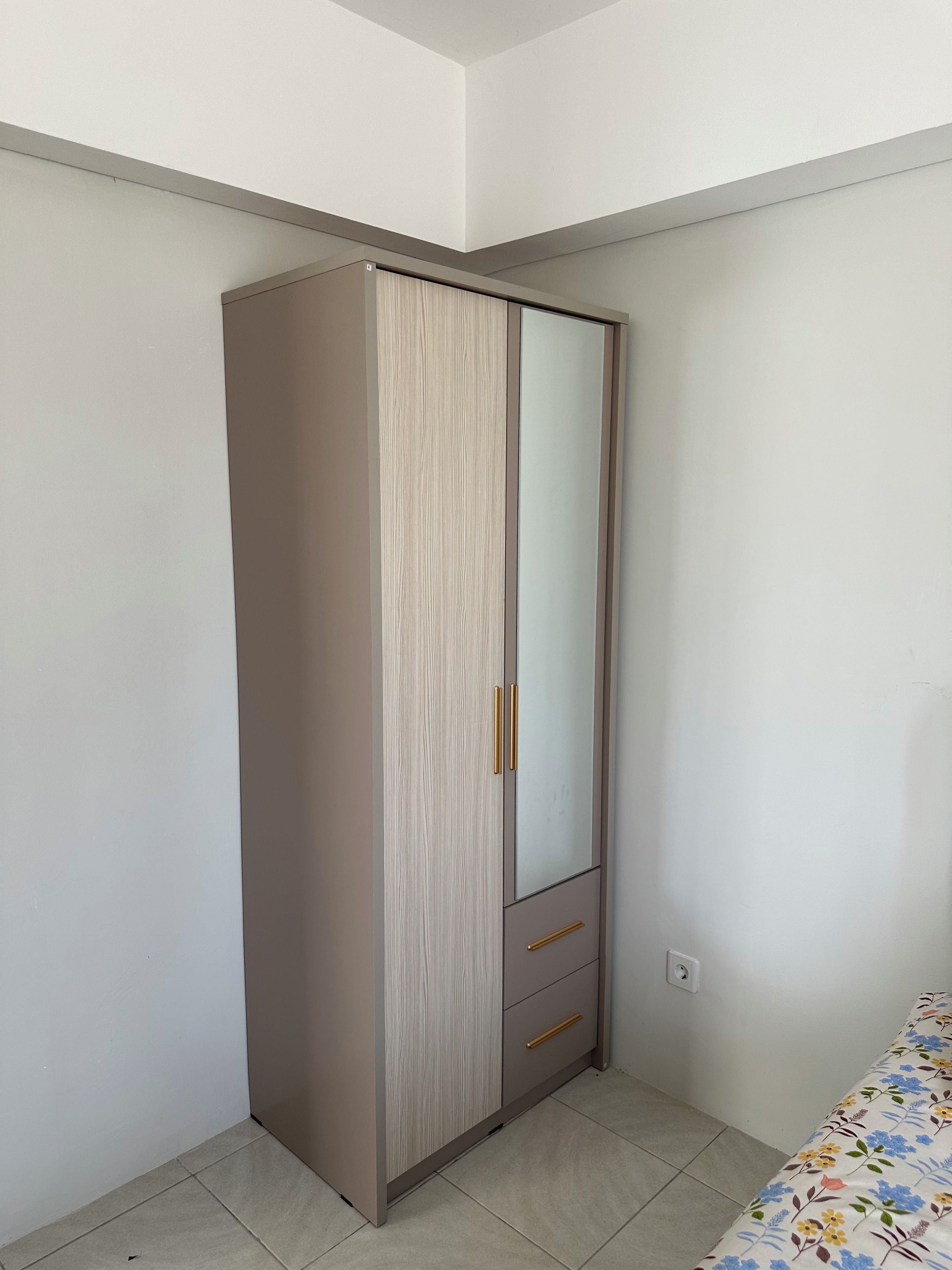 Un armario con puerta espejada, diseño de paneles de madera y tiradores dorados.