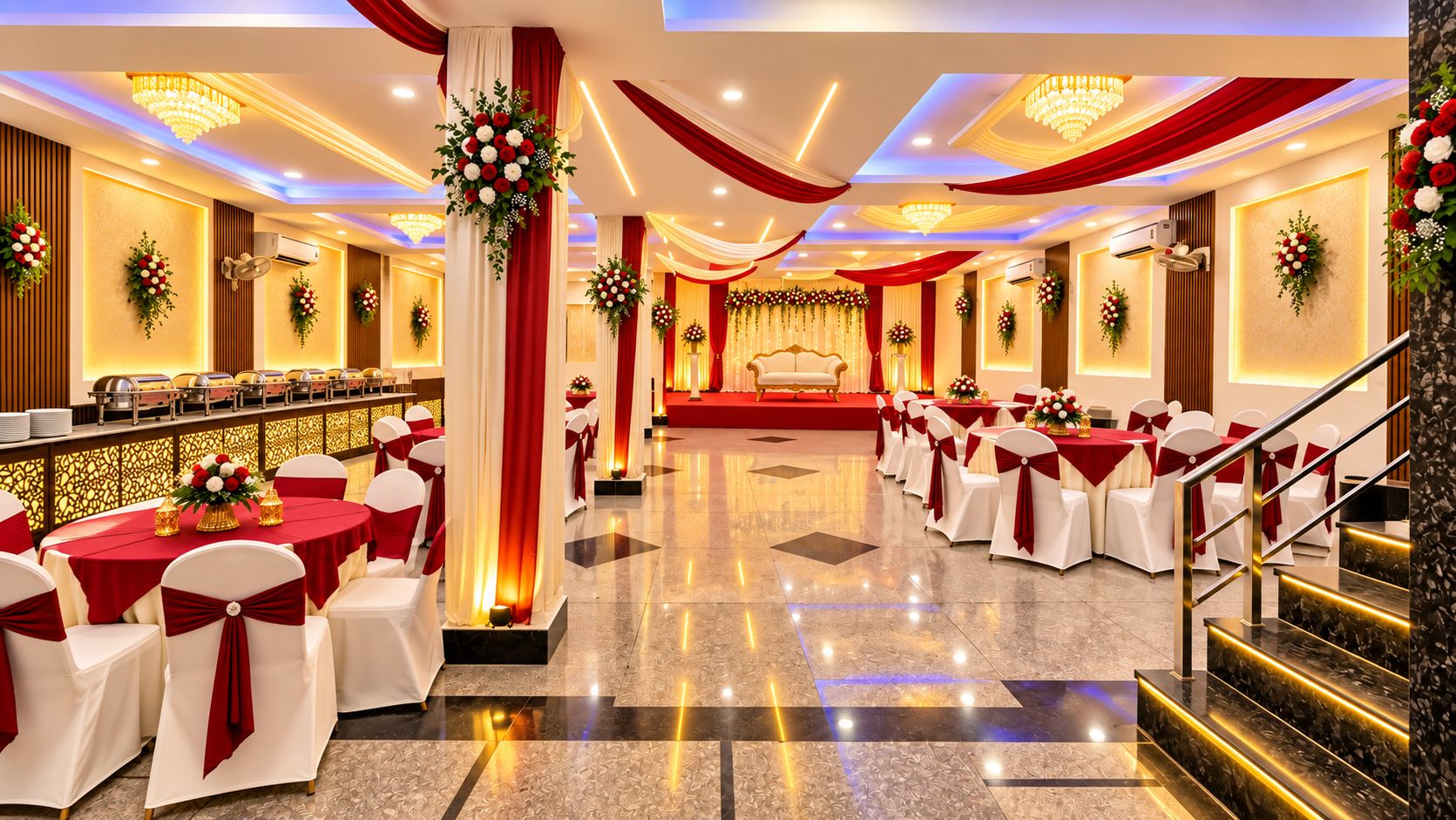 Un salón de banquetes con mesas redondas, sillas blancas, cintas rojas y decoraciones florales.