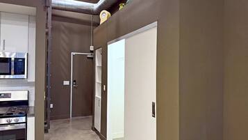 A modern kitchen with stainless steel appliances and a hallway leading to a door.