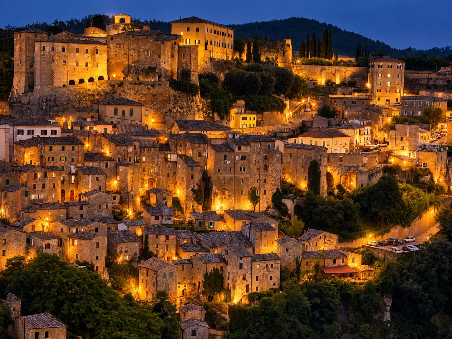 A historic town with stone buildings, a castle, and a river.