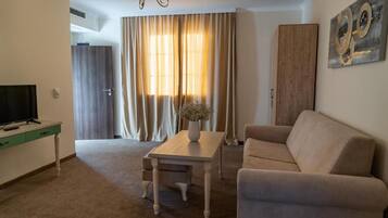 A living room with a sofa, a coffee table, a TV, and a window with curtains.