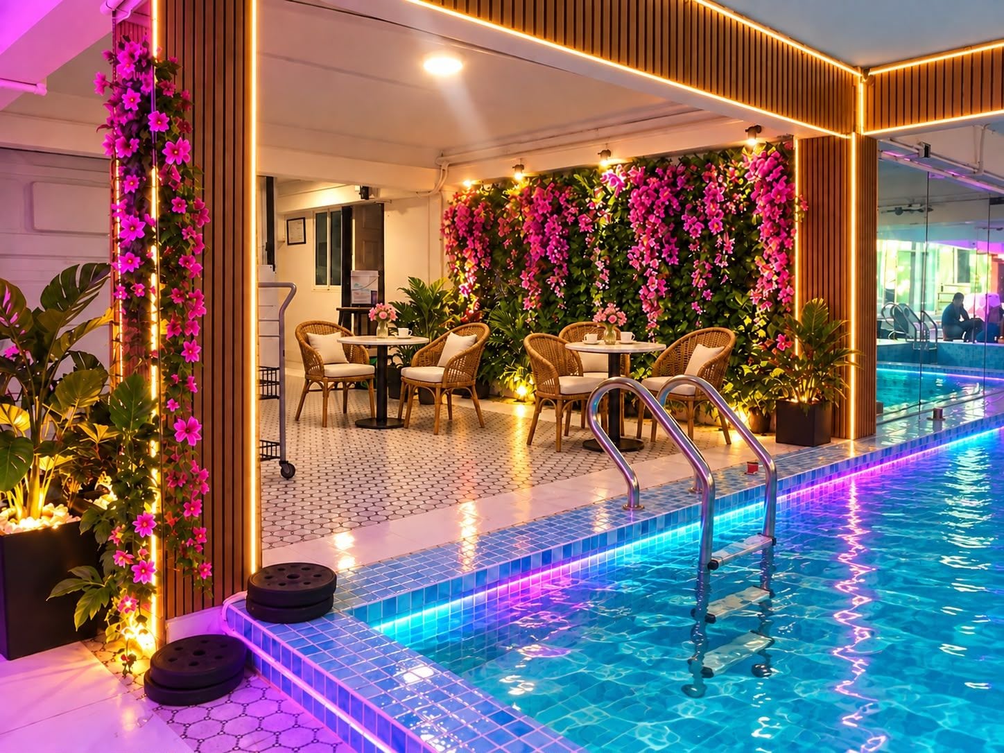 Un espace aménagé au bord de la piscine, avec des sièges et un mur recouvert de fleurs.