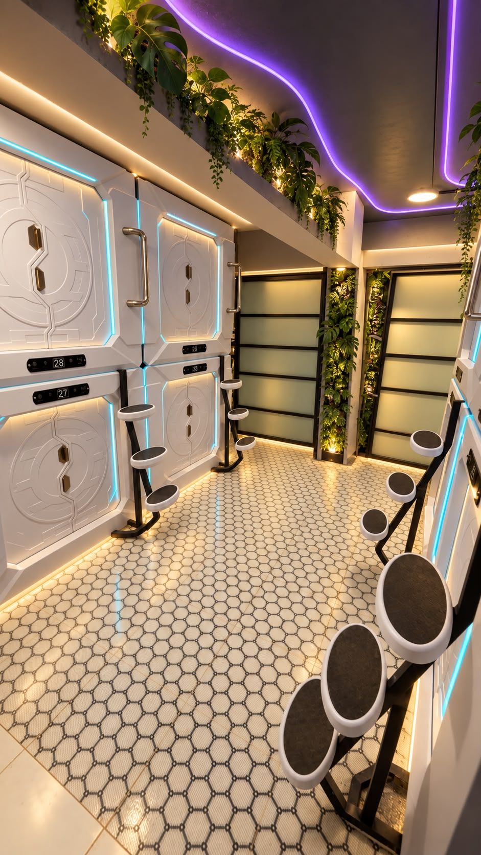Un espace de spa moderne doté d’un sol à motifs hexagonaux, de cabines de massage murales et d’un éclairage d’ambiance.
