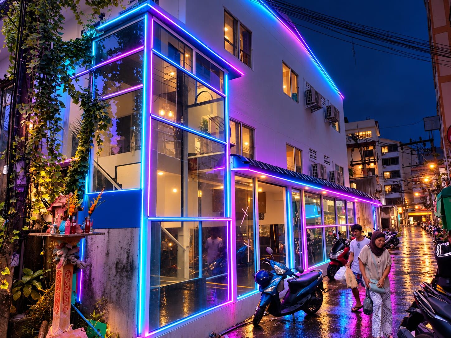 Un bâtiment doté de nombreuses fenêtres et dont l’extérieur est illuminé par des néons.
