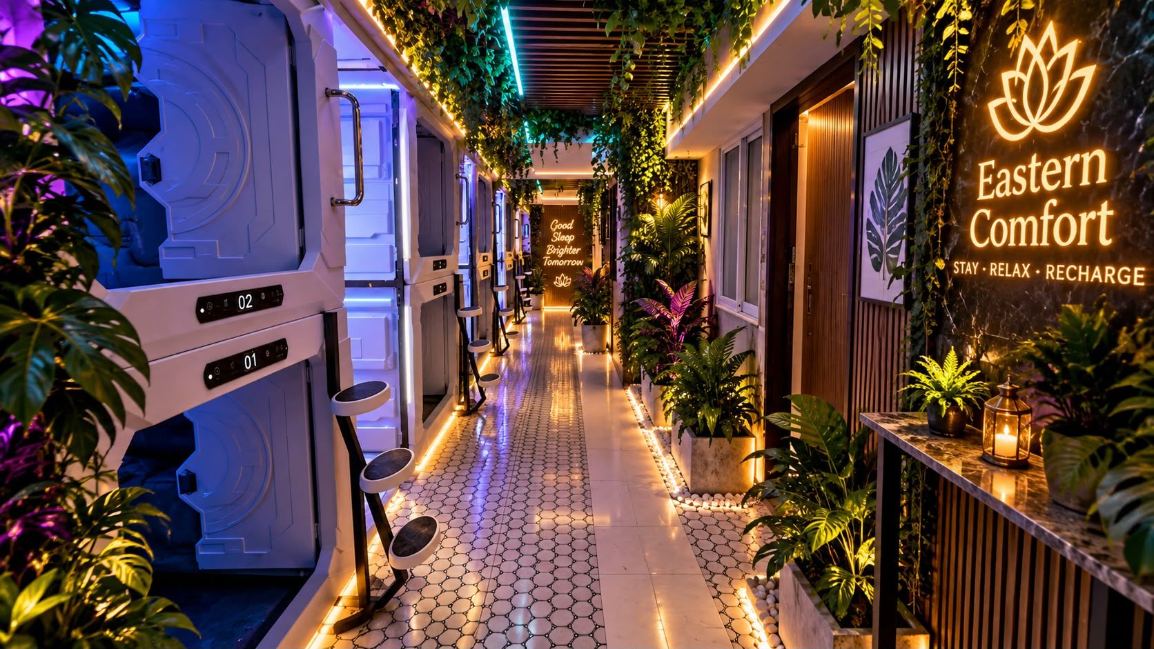 Un couloir avec une enseigne indiquant « Eastern Comfort Stay Relax Recharge » et une rangée de coins salon.