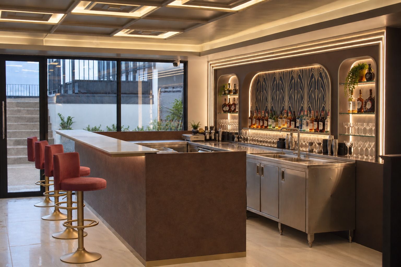 Een moderne bar met een centraal eiland, barstoelen en een wijnrek.