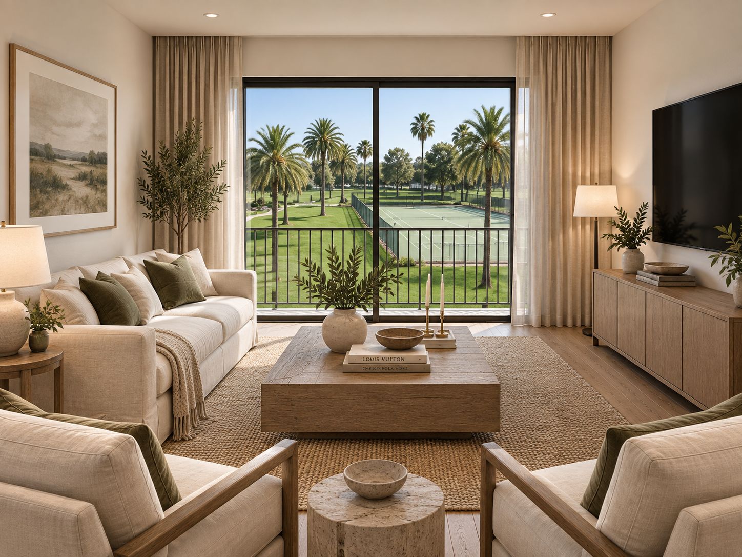 A modern living room with a large window overlooking a golf course, a flat-screen TV, and a cozy seating area.