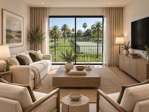 A modern living room with a large window overlooking a golf course, a flat-screen TV, and a cozy seating area. - Spacious & Modern 2 Bed / 1 Bath Suite Ideal Parkside Living! perfect new home (San Diego)