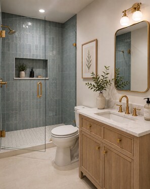A modern bathroom with a glass-enclosed shower, a white toilet, a vanity with a gold faucet, and a mirror with a gold frame. - Spacious & Modern 2 Bed / 1 Bath Suite Ideal Parkside Living! perfect new home (San Diego)