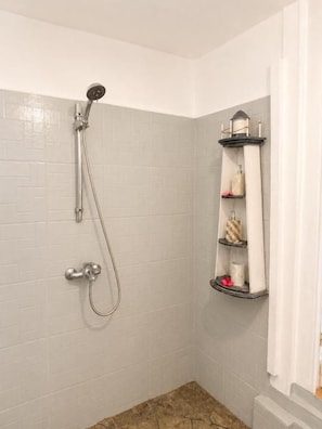 Ducha con cabezal de mano y repisa en la pared con artículos de aseo.