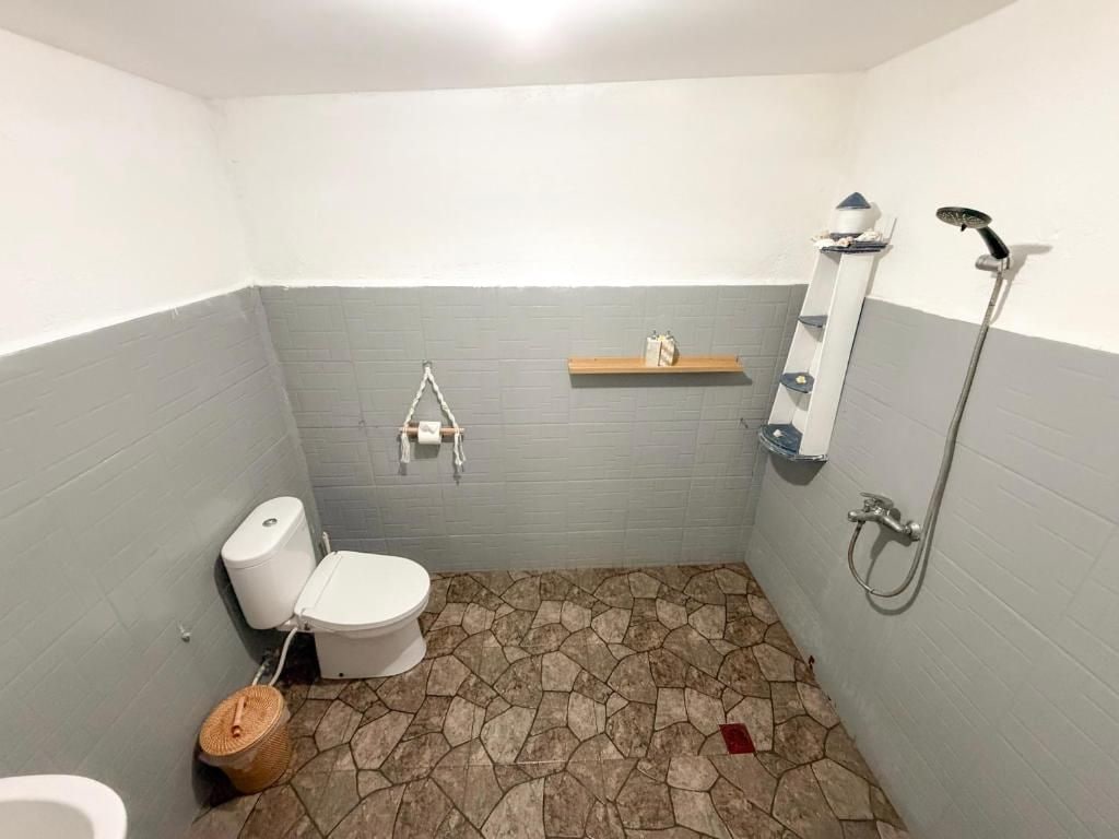 Pieni kylpyhuone, jossa on wc, suihku ja hylly, jossa on hygieniatuotteita.