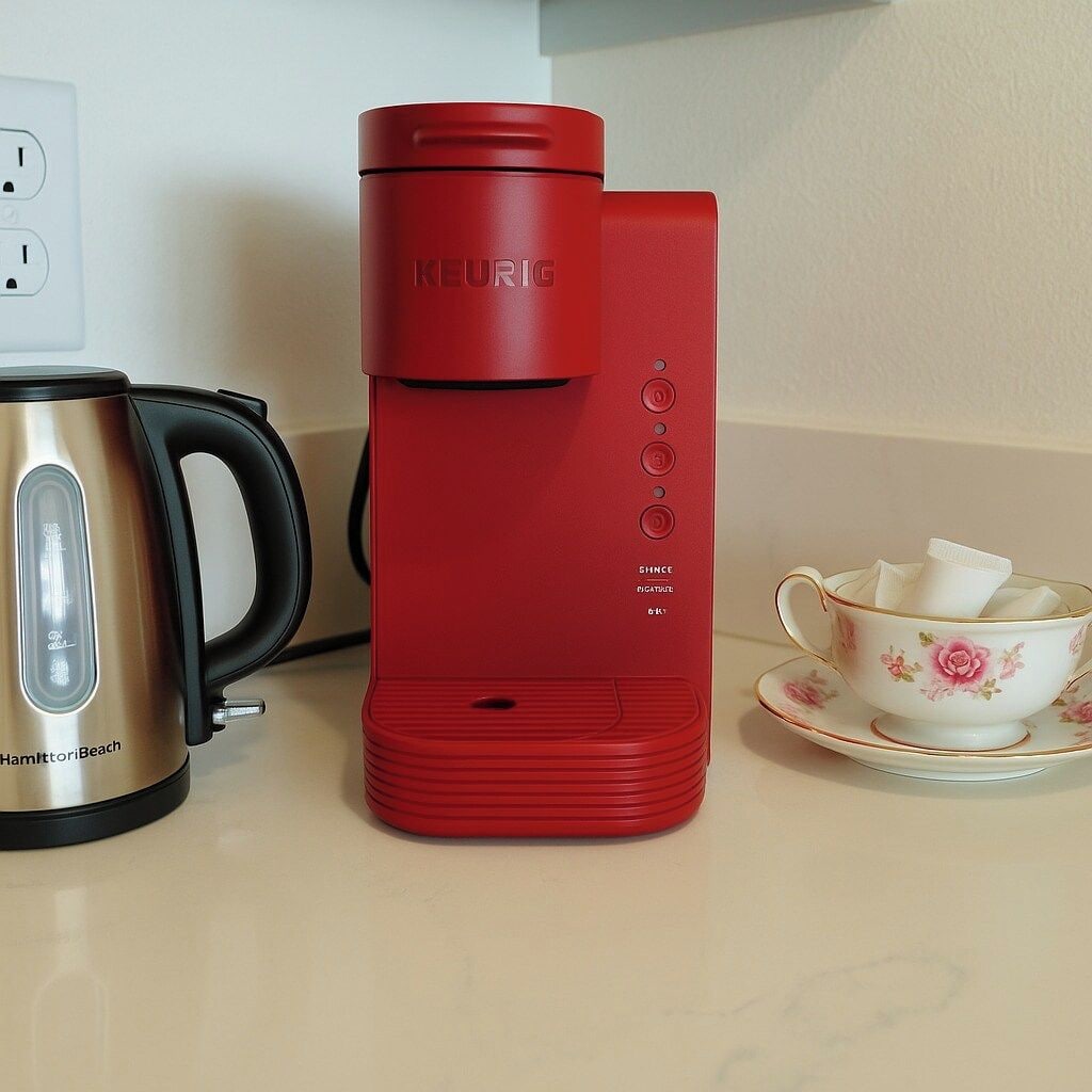 Een rode Keurig koffiezetapparaat, een roestvrijstalen Hamilton Beach koffiekan, en een bloemrijk theekopje en schoteltje op een aanrecht.