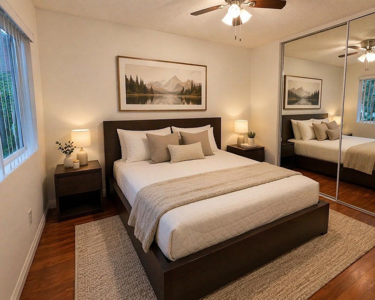 A bedroom with a large bed, two bedside tables, a ceiling fan, and a large mirror.