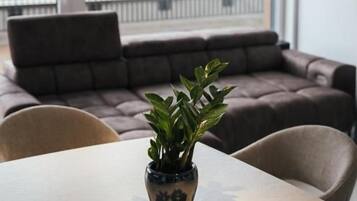 Un espace repas comprenant une table, des chaises et une plante en pot.
