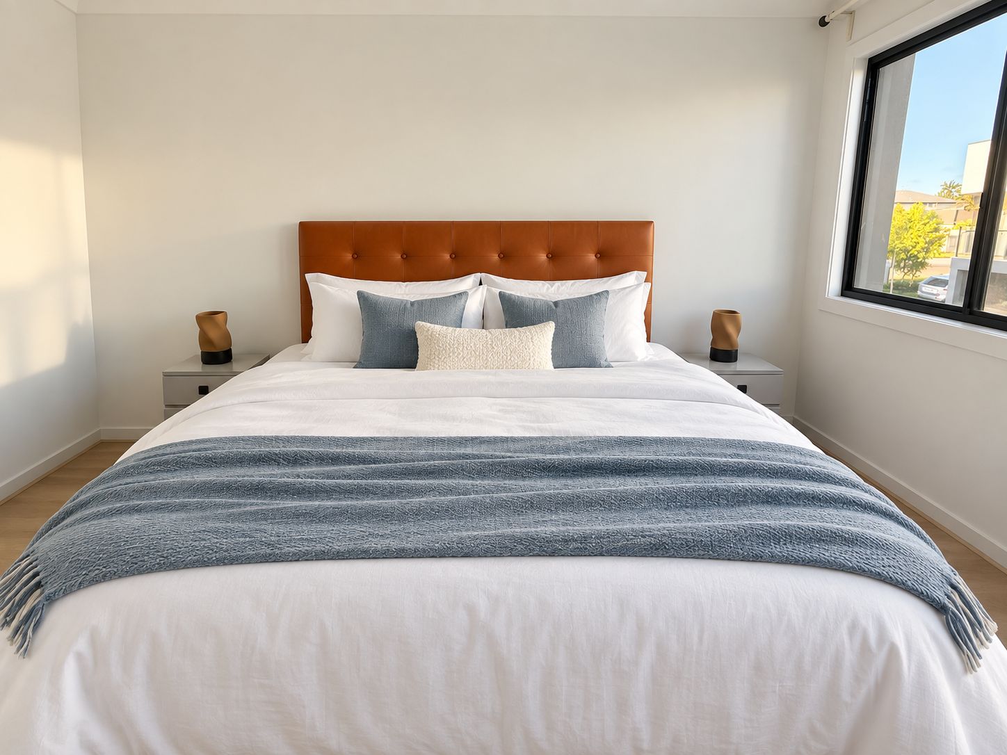 A neatly made bed with a striped blanket, a wooden headboard, and two bedside lamps.