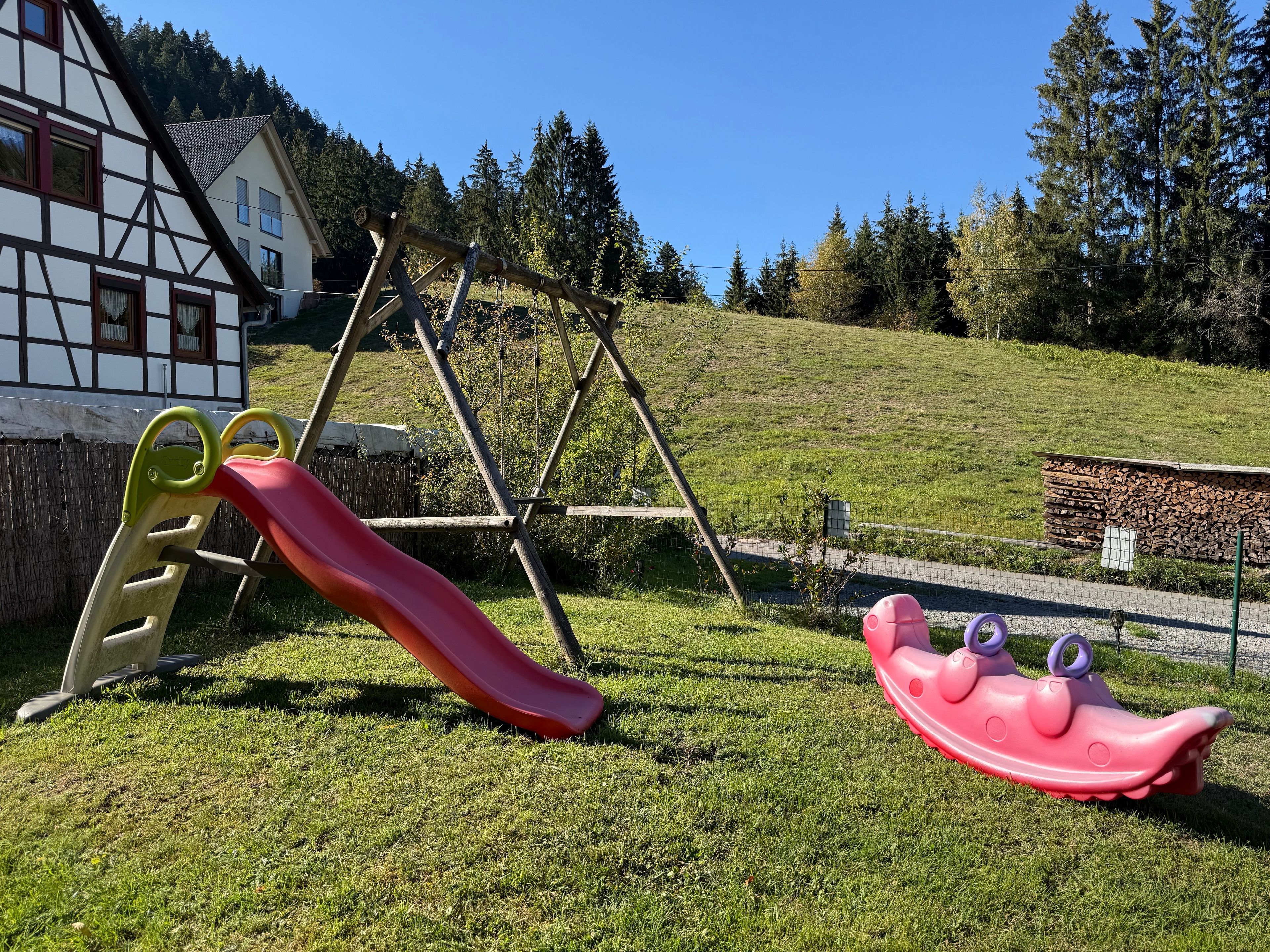 Ein Spielplatz mit Rutsche und Schaukeln, umgeben von einer Wiese und Bäumen.