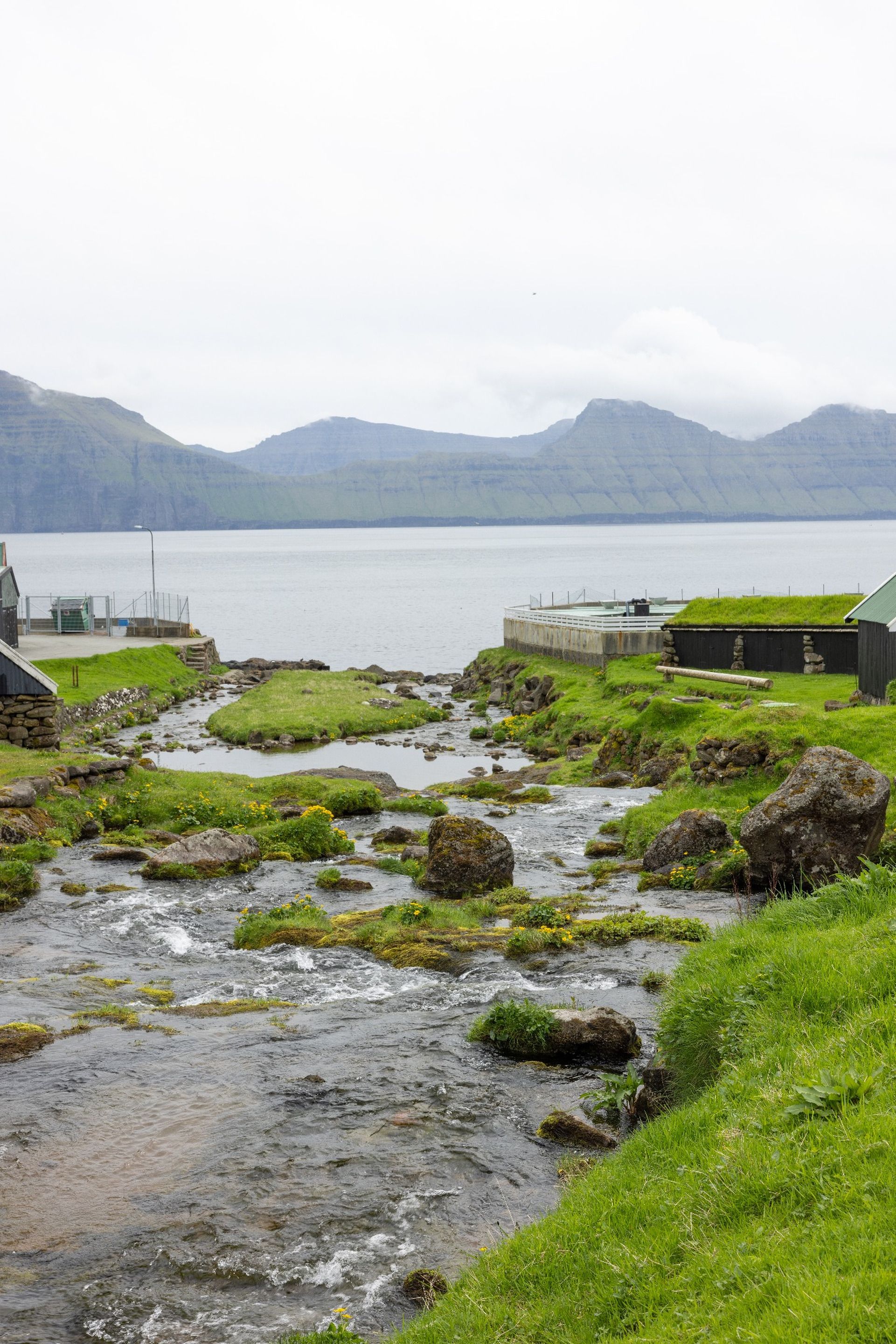 A rural landscape with a stream, grassy areas, and buildings near a body of water.