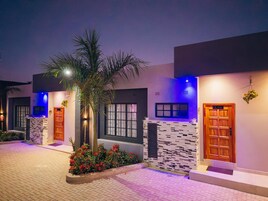 A modern building with a paved entrance, a palm tree, and a wooden door.