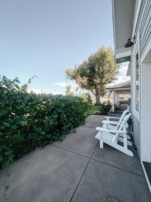 Een overdekte patio met witte Adirondack-stoelen, een haag en een boom.