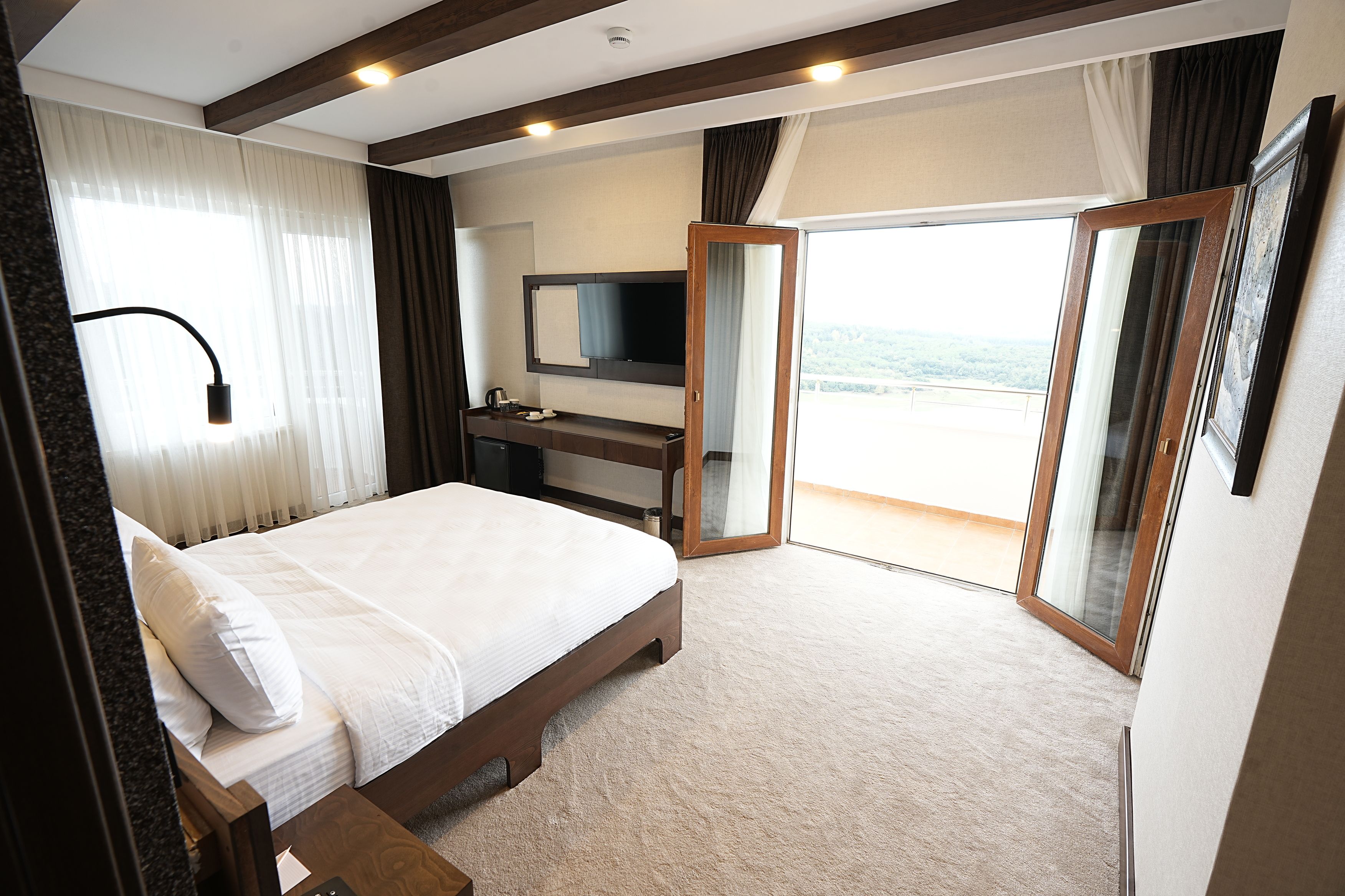 Habitaci ón de hotel con cama, televisión, escritorio y balcón con vistas.