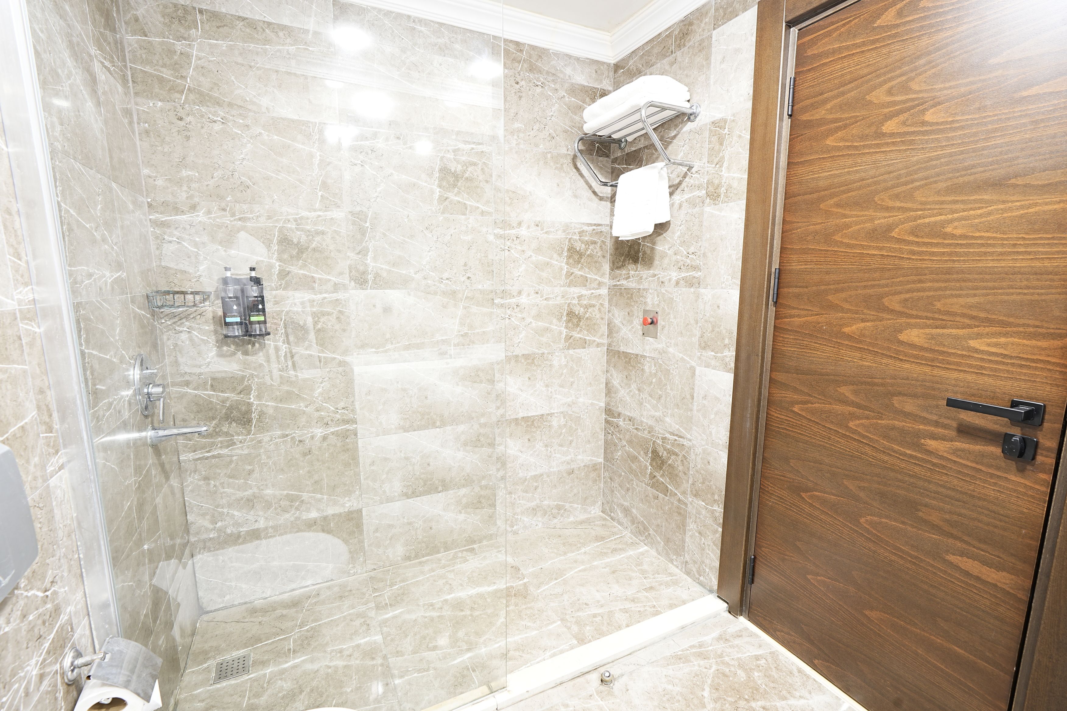 Una ducha con puerta de vidrio, una puerta de madera y un perchero con una toalla.