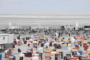 A beach with numerous beach huts and a sandy area. - Short break Borkum 1 (Borkum)