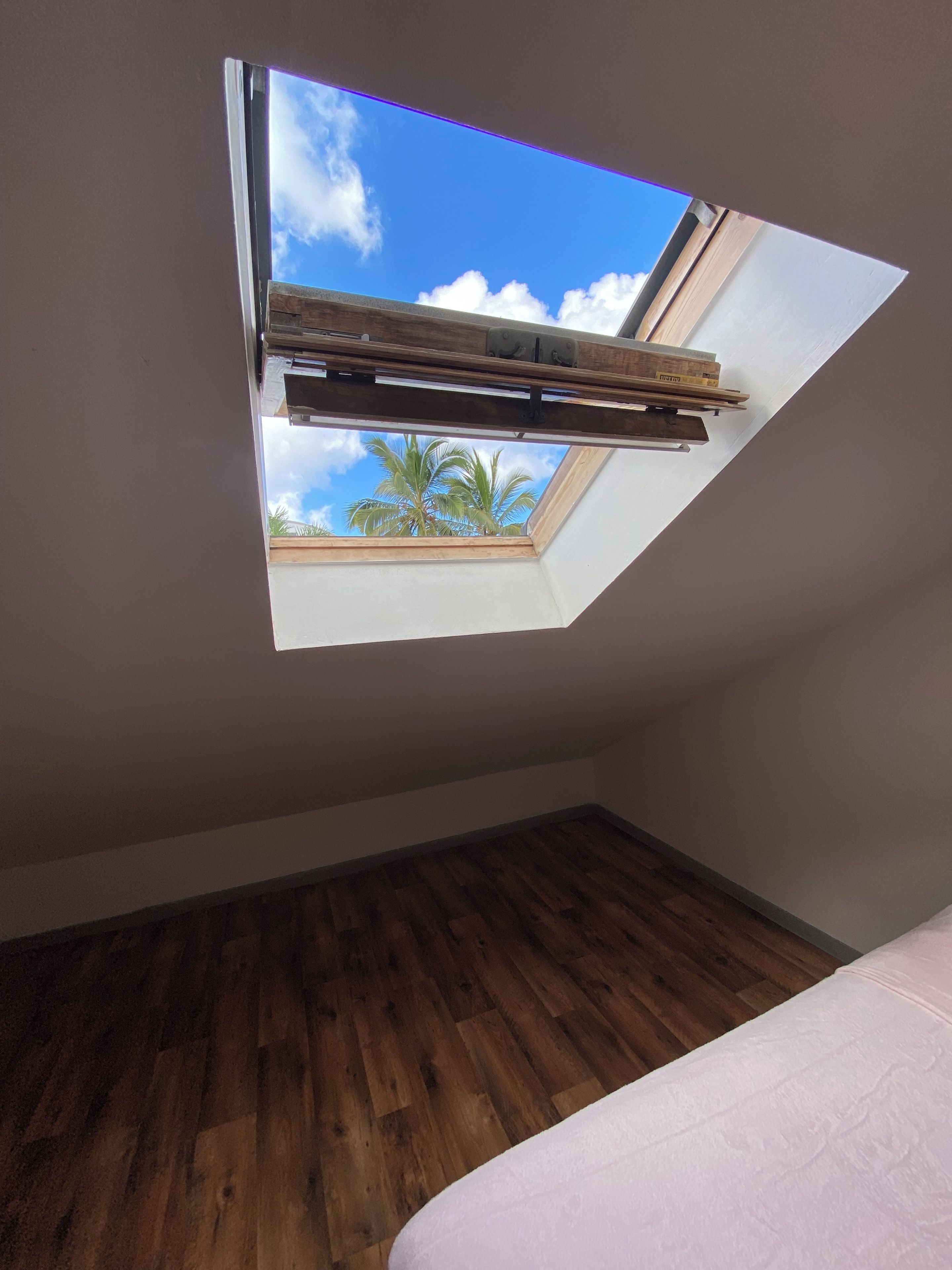 Une pièce dotée d’une lucarne, d’un plancher en bois et d’un lit.