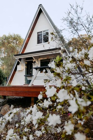 A two-story house with a gabled roof, a front porch, and a visible window. - Deep South: A Joyful A-frame Cabin (Denmark)
