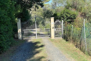 A gated entrance with a gravel path leading through a wooded area. - Villa in Riparbella with swimming pool (Riparbella)