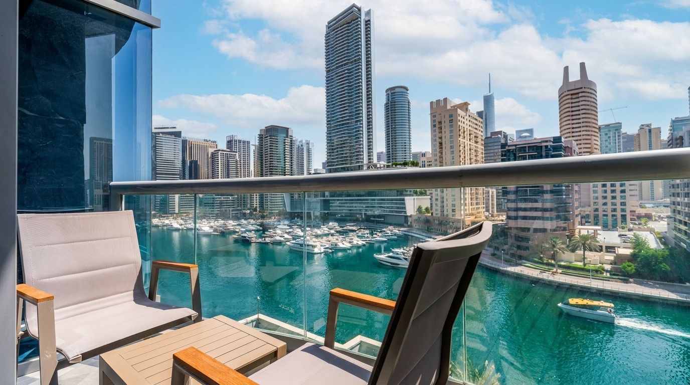 Un balcón con vistas a un puerto deportivo y al horizonte de la ciudad.