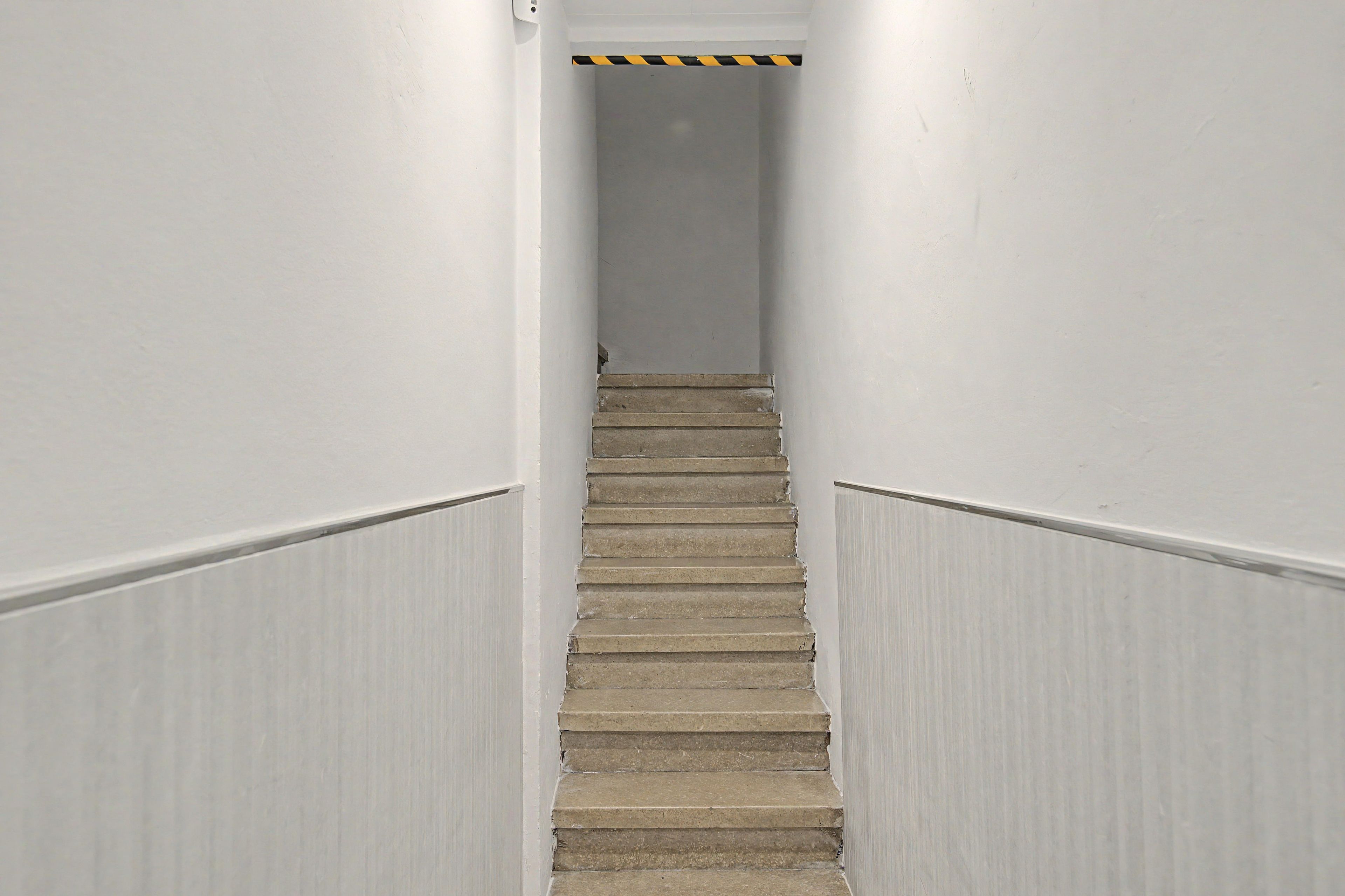 En smal trappa med mattbeklädd trappsteg, vita väggar och en svart och gul varningsrand högst upp.