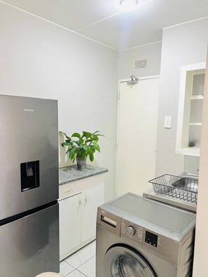 A compact kitchen with a stainless steel refrigerator, a washing machine, and a potted plant on the countertop.