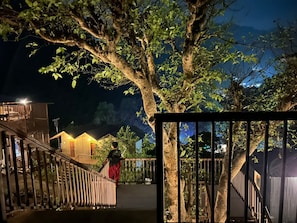 Une entrée fermée par un portail, avec un escalier en bois menant à un bâtiment, le tout entouré d’arbres et sous un ciel nocturne.