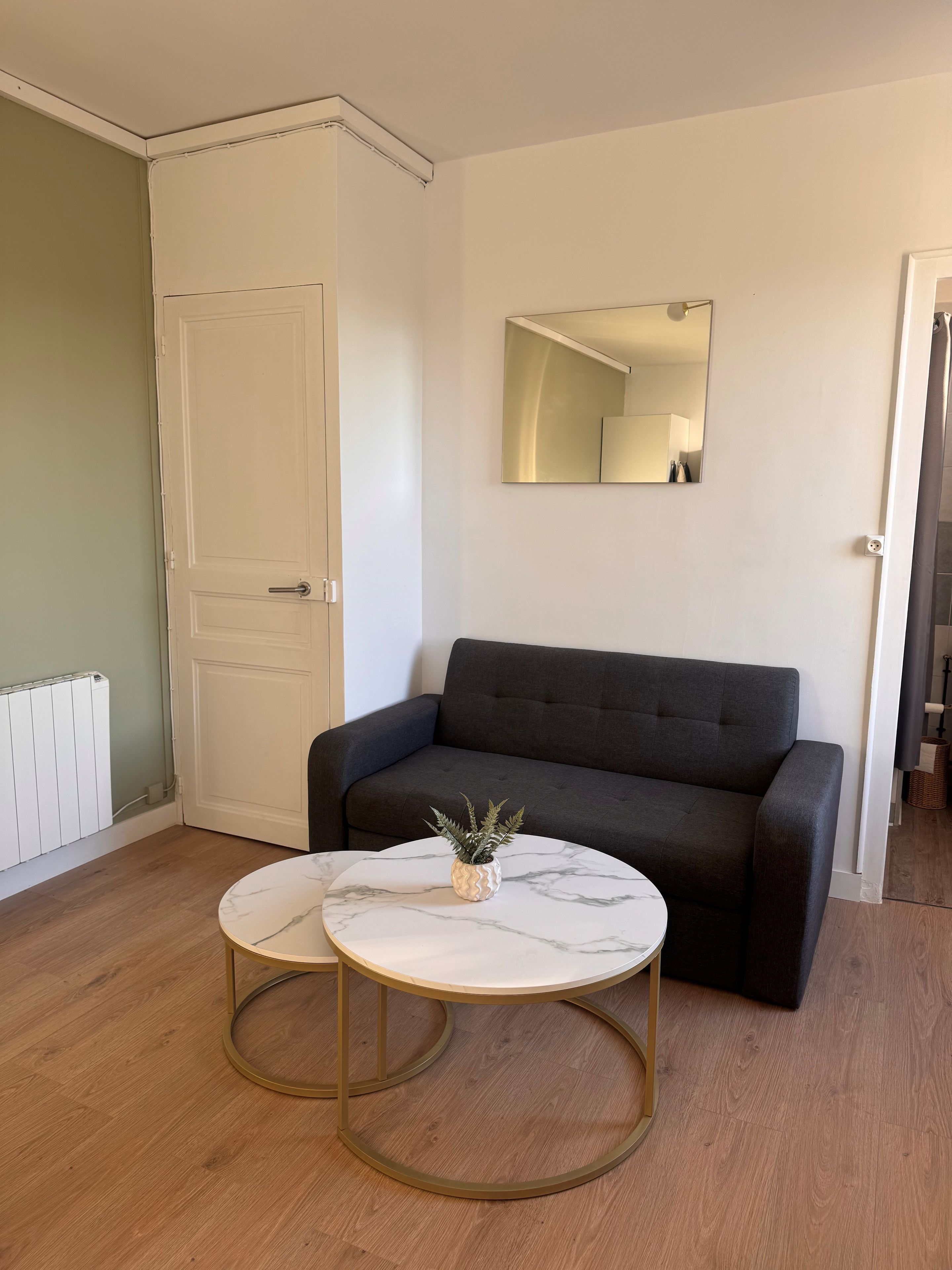 Een kamer met een donkergrijze bank, een ronde marmeren tafel met gouden rand en een kleine potplant.