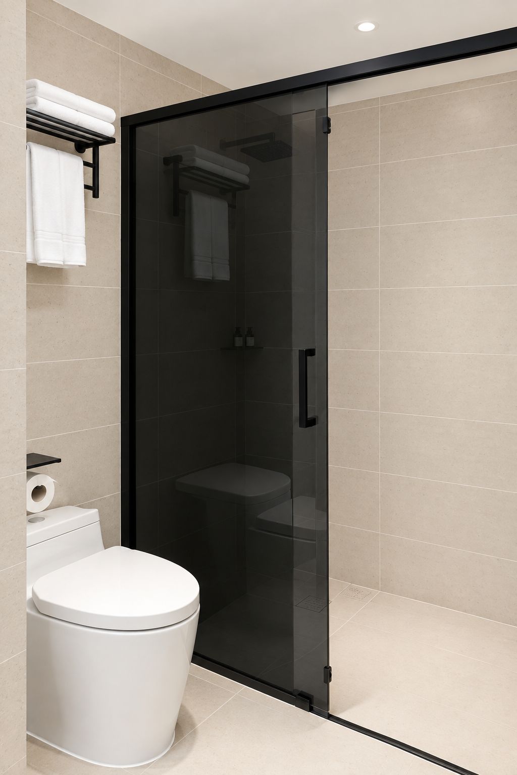 Et moderne badeværelse med glasvæg omkring brusebad, toilet og håndklædetørrestativ.