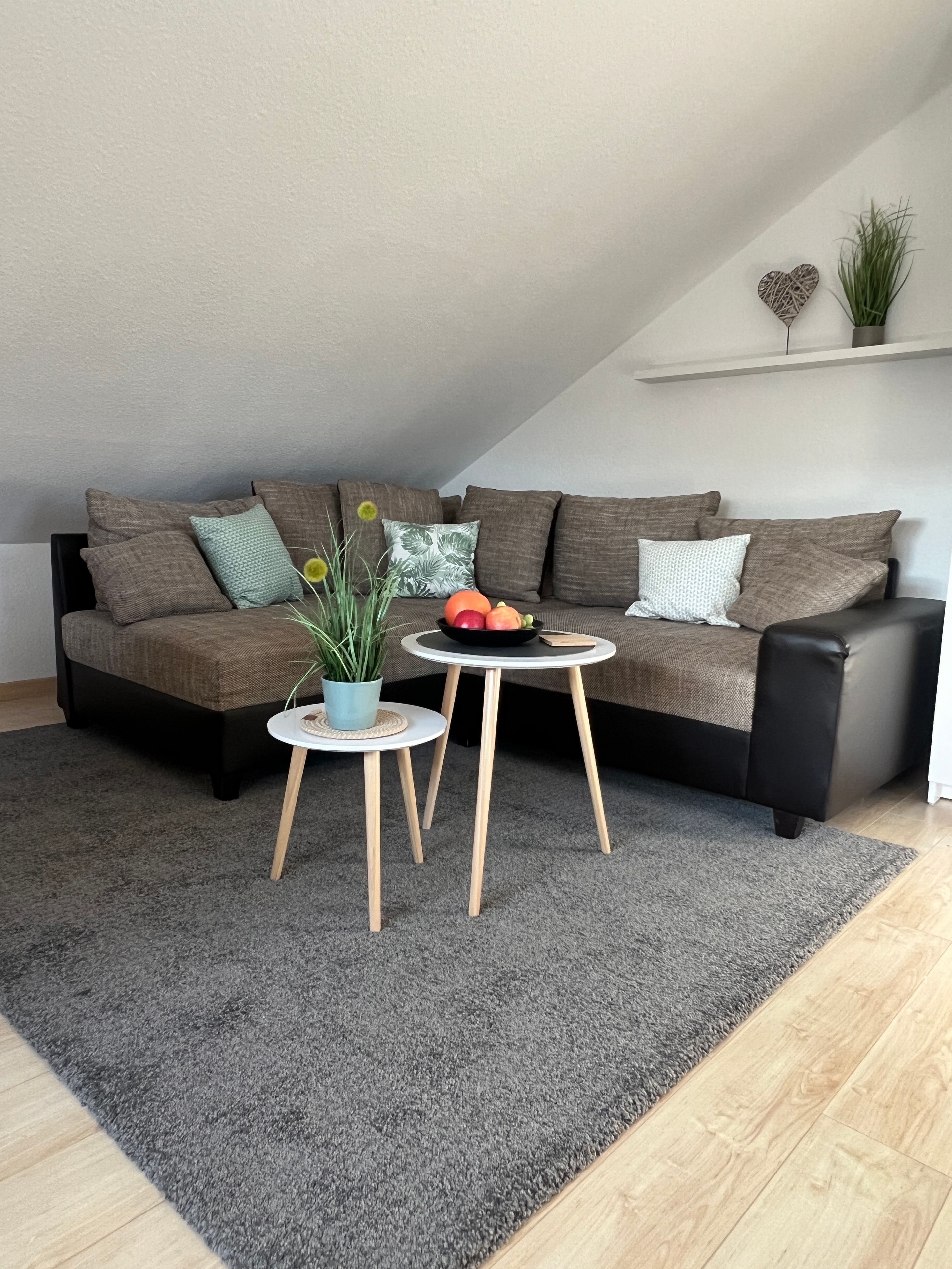 Ein modernes Wohnzimmer mit grauem Teppich, einem braunen Sofa, einem kleinen runden Tisch mit Pflanze und einer Obstschale.