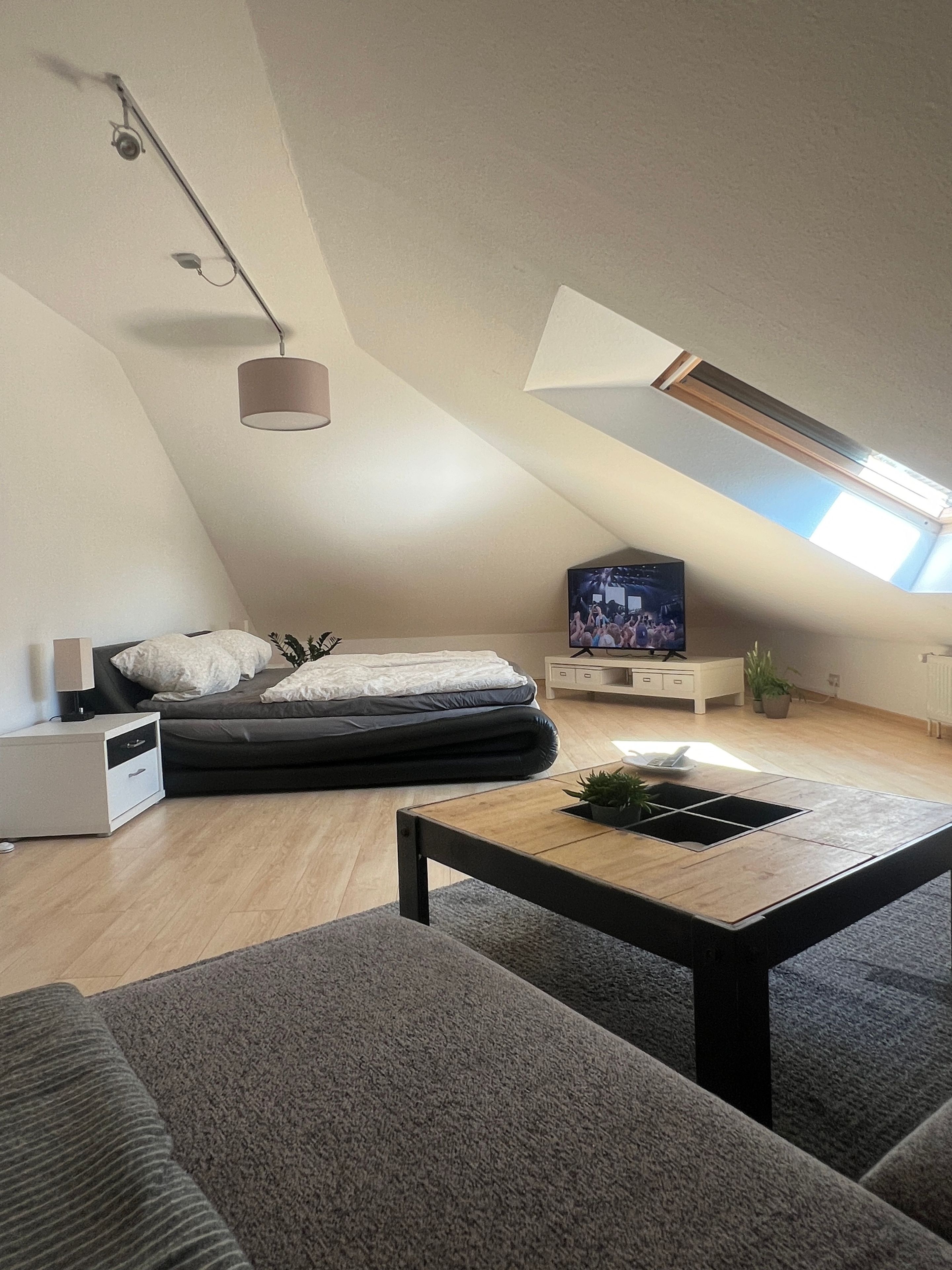 Ein modernes Schlafzimmer im Loftsstil mit schrägem Dach, einem Bett, einem Fernseher und einer kleinen Schreibtischzeile.