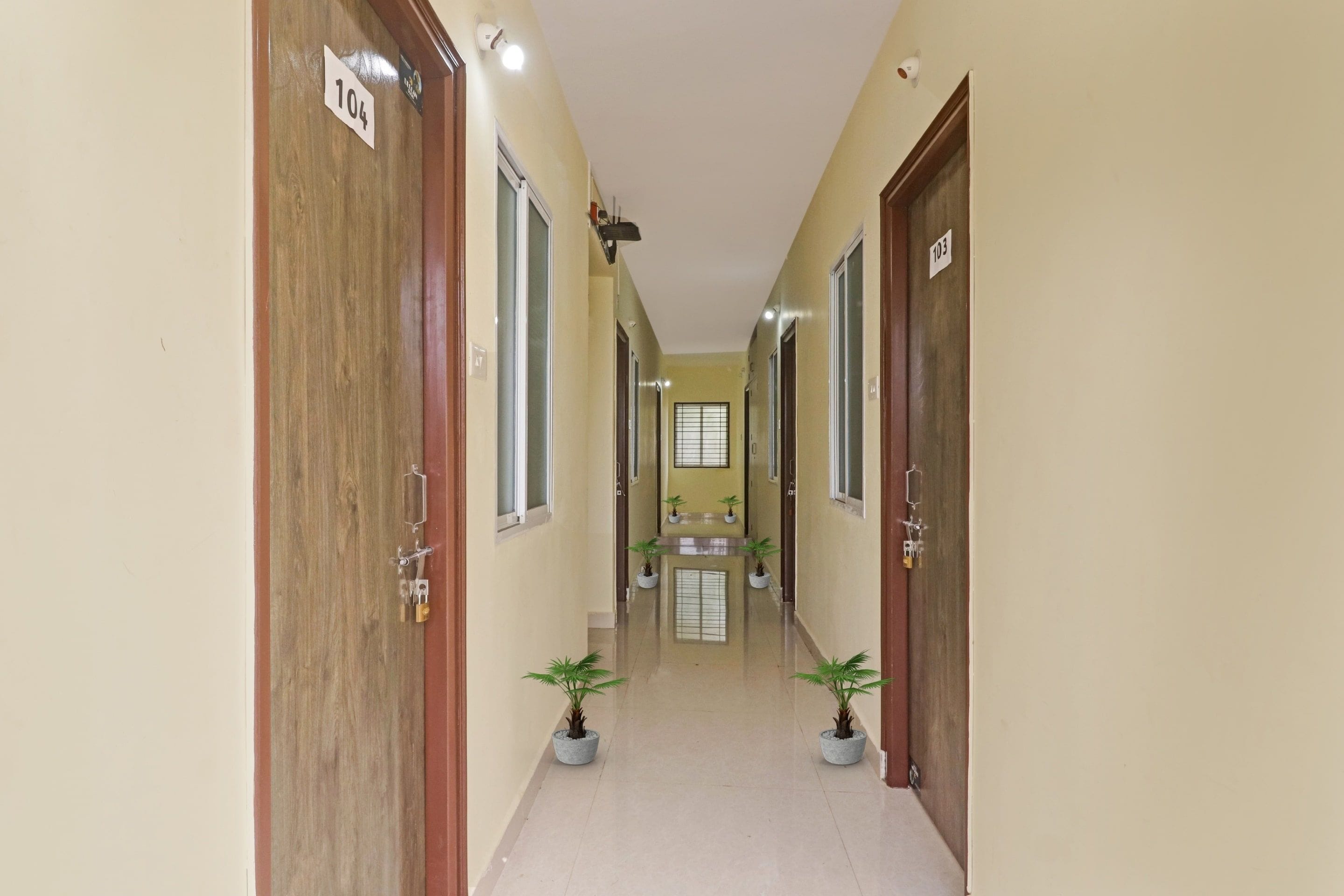 Un pasillo con puertas numeradas 104 y 103, que conduce a una habitación con ventana y una pequeña planta en maceta.